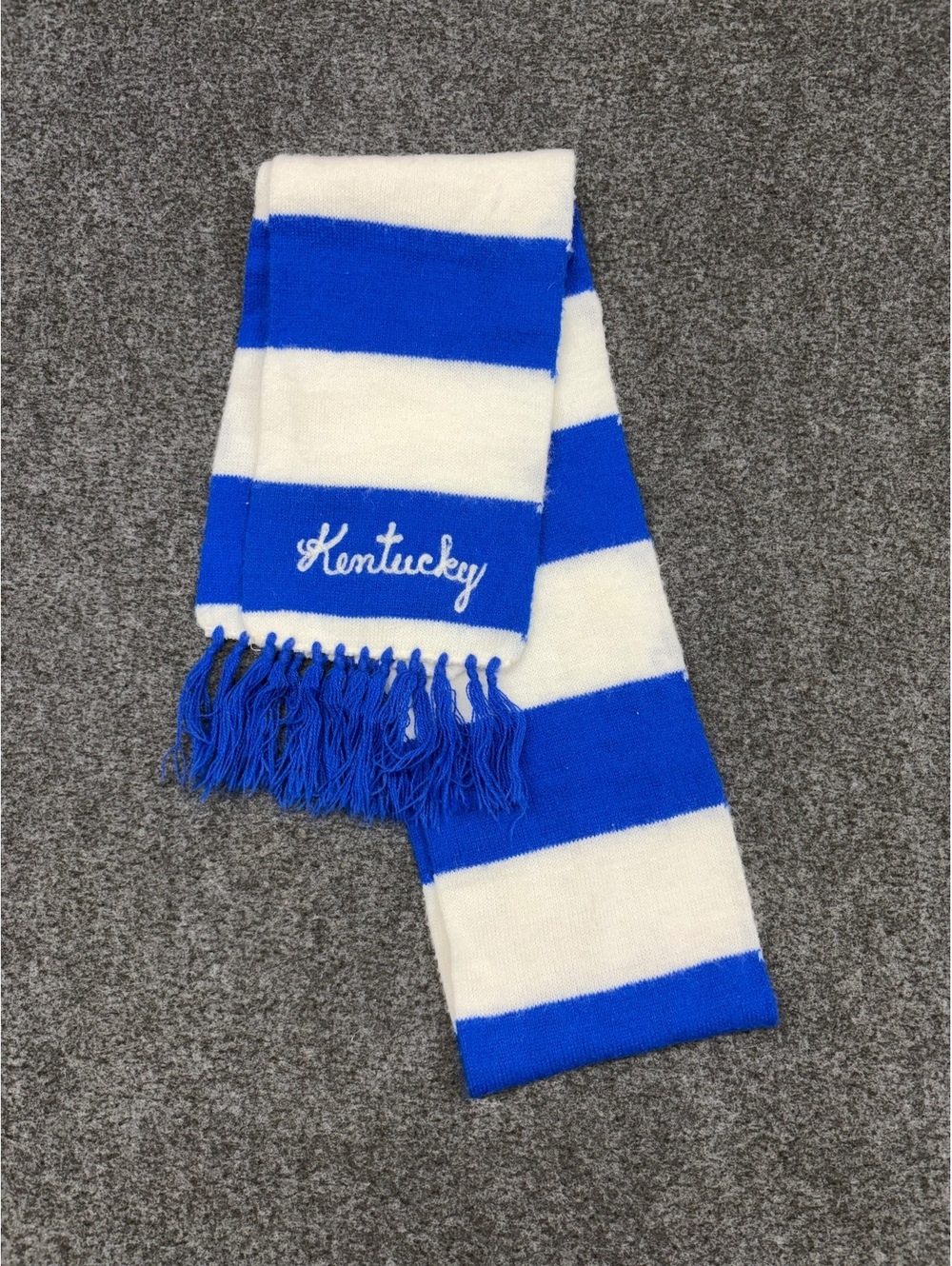 Kentucky Blue and White Striped Knit Scarf with Fringe